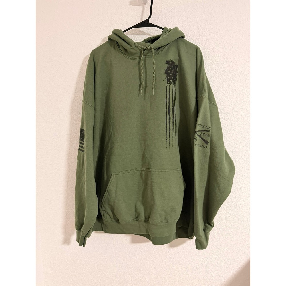 Grunt Style Mens XXXL Distressed Flag Hoodie Olive Green Pullover Sweatshirt